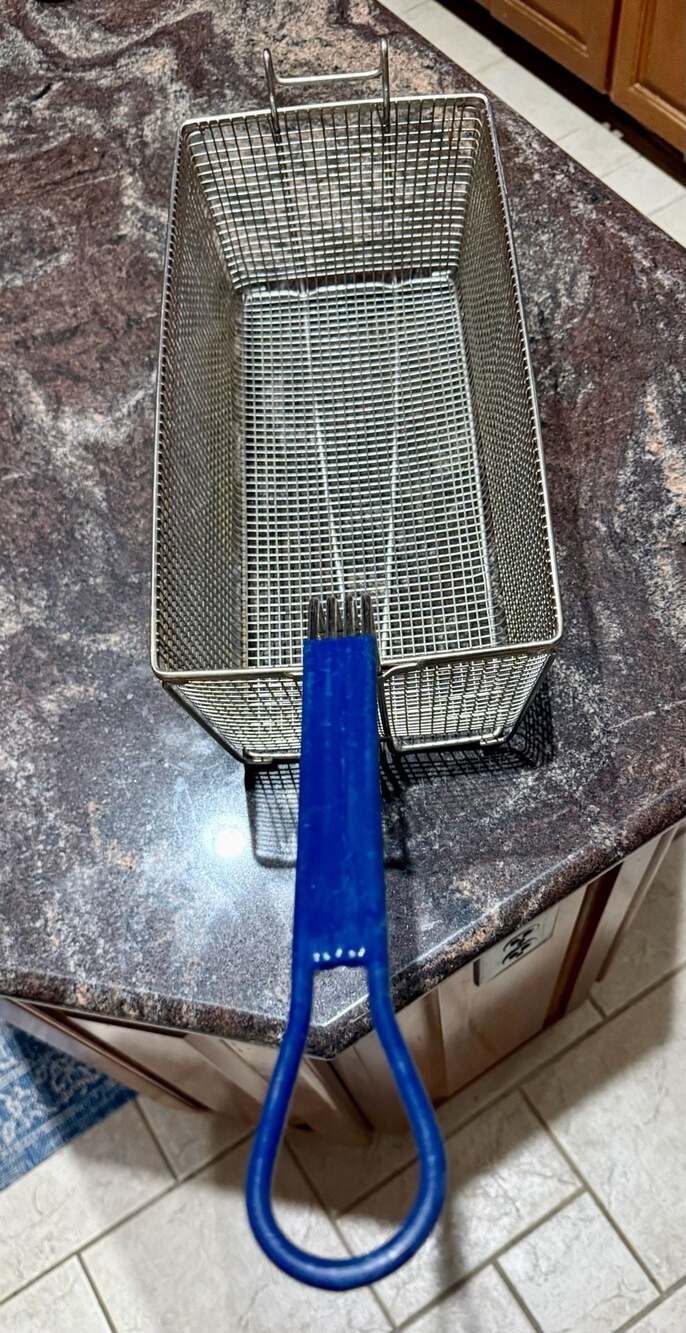 Winco FB-20 Rectangular Commercial Deep Fryer Basket with Blue Handle
